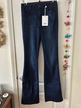 Women's Dark Blue Flare Jeans - Stretch Mid-Rise Flare